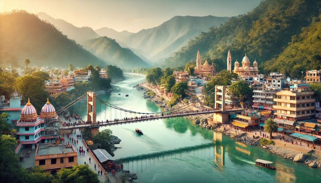 "Sacred Ganges River flowing through Rishikesh, framed by lush green hills and spiritual serenity – ideal for yoga and adventure tours."