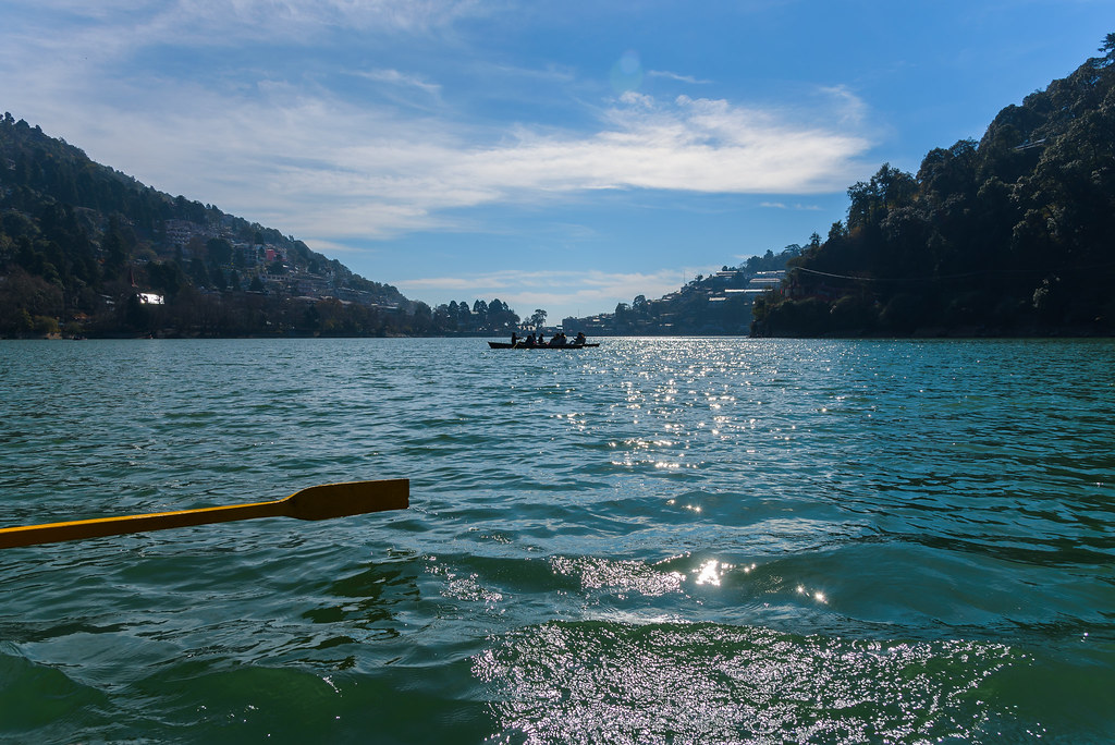 Naini Lake surrounded by hills in Nainital, Uttarakhand.
