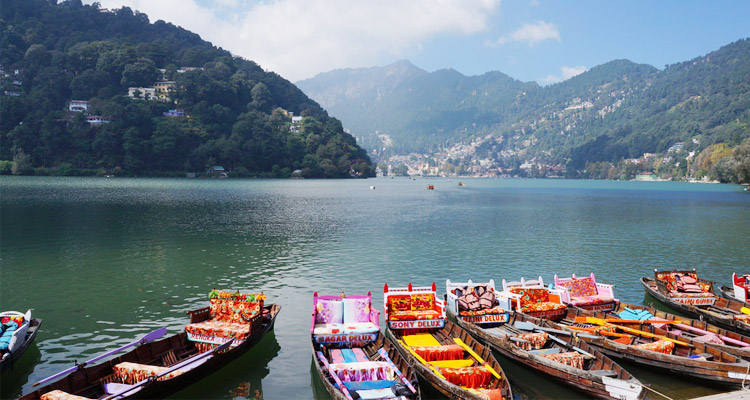alt="Breathtaking panoramic view of Naini Lake in Nainital - colorful wooden boats dotting the emerald waters surrounded by lush Himalayan foothills"