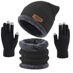 Winter set including a knit cap, gloves, and neck warmer, designed for cold weather. Ideal for men and women, providing warmth and comfort during outdoor activities in winter.